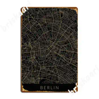 Berlin Map Black Gold Metal Sign Wall Cave Classic Living Room Wall Plaque Tin Sign Posters
