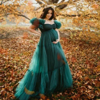 2023 New Style Custom Hunter Green Tulle Maternity Dress Elegant A Line Lush Pleat Puffy Fluffy Gowns Photo Shoot Baby Shower