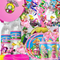 Super Mario Bros-Princess Balloons Happy Birthday Banner Party Supplie Cartoon Paper Plate Disposable Tableware Decor Background