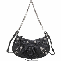 BALENCIAGA 巴黎世家  Le Cagole 鑽飾鉚釘鱷魚紋壓花小牛皮迷你可頌包(黑色/雙背帶)