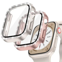 Diamond Glass+Cover For Apple Watch Case 45mm 41mm 40mm 44mm 42mm 38mm Bling Bumper+Screen Protector iwatch Series 9 8 7 3 6 SE