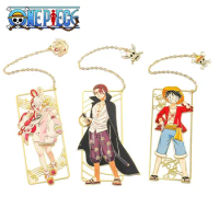 One Piece Anime Figure Metal Bookmarks with Tassel Luffy Uta Shanks Gold Color Book Marks Gifts for Fans Collection Supplies