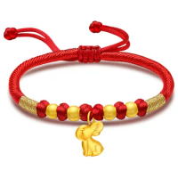 Pure 999 24K Yellow Gold Women 3D Lovely Rabbit Red Cord Knitted Bracelet