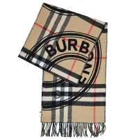 BURBERRY 經典英倫格紋LOGO雙面喀什米爾羊毛流蘇長圍巾(卡其/黑)