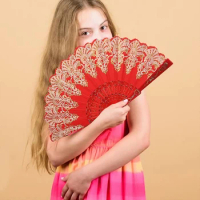 Chinese Ancient Fan Plastic Folding Fan Hanfu Fan For Women Japanese Home Decor Black Red Dance Wedding Party Folding Fan