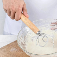 Long Handle Oak Handle Dough Mixer Stainless Steel Ring Hand Mixer Bread Batter Cake Pastry Mixer Kitchen Baking Tools