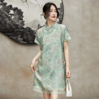 【初色】清涼感中式旗袍繡花復古短袖立領A字中長裙連身裙洋裝-綠色-68853(M-XL可選)