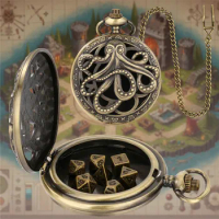 Retro Hollow Octopus Pocket Watch Case Pendant Chain with 7pcs Metal Polyhedral Dice Game Accessory