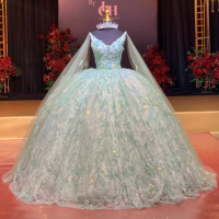 Light Green Shiny Quinceanera Dress With Cape Mexican Vestidos De 15 Princess Sweet 16 Birthday XV Ball Gown Cinderella dress