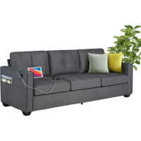 88" W Modern 3 Seater Sofa Couch, Fabric Linen Deep Seat Mid Century Couches W/ 2 USB Charging Ports and Upholstered Cushions