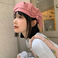 Korean Spring Summer Cotton Pink Bow Beret Cap Women Girl Beret Artist Bud Painter Hat Japanese Cute Big Bowknot Beret Hat