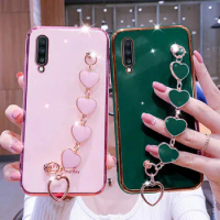 Wrist Bracelet Phone Case For Samsung A70 Case Luxury Heart Chain Plating Cover For Samsung Galaxy A70 A02 A15 A12 A01 A02S Capa