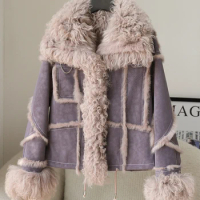Rabbit fur integrated coat for women's short motorcycle sheep curly fur 2023 new winter young rabbit fur coat
