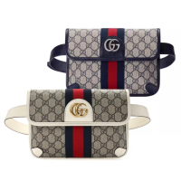 【GUCCI 古馳】674081 經典Ophidia系列GG Supreme帆布印花綠紅綠織背帶手拿/胸腰包(顏色任選)