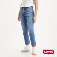 Levis 女款 501高腰合身排釦直筒牛仔長褲 / 精工中藍染石洗 / 及踝款