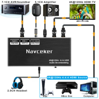 Navceker 8K 60Hz HDMI Audio Extractor 4K 120Hz RGB 4:4:4 HDMI 2.1 Audio Splitter Converter 7.1 Dolby Atmos De-embed for PS5 XBox