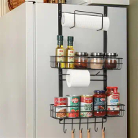 Metal Fridge Spice Rack Kitchen Space Saver Fridge Shelf w/ Paper Holder &amp; Hooks