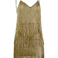 Women s Layered Fringe Sparkly Dress Deep V-neck Backless Cami Mini Dresses Tassels Flapper Dress for Prom Party Club