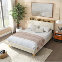 Queen Size Bed Frame, Shelf Upholstered Headboard, Platform Bed with Outlet &amp; USB Ports, Wood Legs, No Box Spring Needed