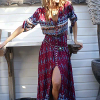 Vintage Boho Printed Long Dress Women Summer Casual 3/4 Sleeve V-Neck Split Beach Holiday Maxi Dress