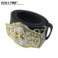 Bullzine zinc alloy western horse belt buckle with silver and gold finish with PU belt with connecting clasp FP-03537