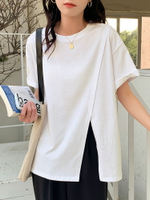中長款純棉白色T恤女夏寬松韓版ins潮半袖2022新款設計感開叉上衣