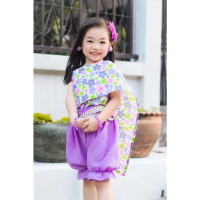 Thai Traditional Dress for Girls, Floral Pattern, Pants with Cuffs. # N