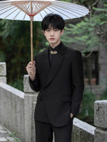 錦造新款中式盤扣西裝男套裝訂婚新郎結婚禮服西服高檔唐裝中山裝-享樂