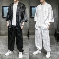 Japanese Style Vintage Kimono Haori Pants Set Men Sliver Traditional Bottom Harajuku Streetwear Samurai Cardigan Costume Yukata