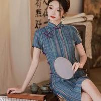 Women Cotton Linen Qipao Traditional Chinese Clothes Improved Short Sleeve Button Cheongsam