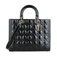 【Dior 迪奧】DIOR LADY DIOR淡金屬LOGO藤格紋設計漆皮翻蓋手提斜背包(大/黑)