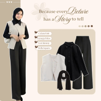 One Set OOTD Berhijab | Kemeja Vest Korean Style | kimmy Vest - Kemeja Basic - Celana Knit - Hijab B