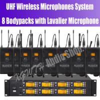 UHF Wireless Digital Microphones System 8 Bodypacks with Lavalier Lapel Microphone With Receiver Frequency Adjustable