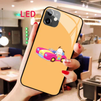 Luminous Tempered Glass phone case For Apple iphone 12 11 Pro Max Kawaii Pochacco Acoustic Control Protect RGB Backlight cover
