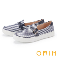 【ORIN】條紋布拼接牛皮側釦飾厚底休閒鞋(藍色)