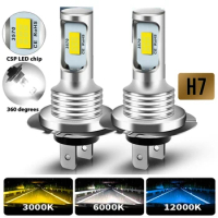 2Pcs LED Super Bright CSP Headlight H7 H1 H8 H9 H11 9005 9006 LED Bulbs HB3 HB4 DRL Lamp 6000K White 4300K Yellow 12000K