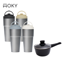 【WOKY沃廚】Ti 純鈦渾圓杯770ml-AllDay隨行款 (抗熱款)+AURA花崗岩萬用不沾鍋-16cm奶鍋