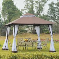 10' x 10' Outdoor Patio Gazebo Canopy Tent with Mesh Sidewalls, 2-Tier Canopy for Backyard