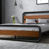 King Size Heavy Duty Metal Bed Frame with Wooden Headboard &amp; Footboard, Sturdy Construction, Noise Free, Easy Assembly, Walnut