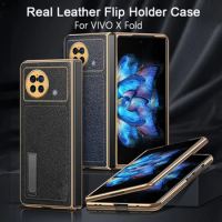 Luxury Real Leather Flip Holder Phone Case For VIVO X Fold 8.03" Full Cover Plating Camera Protector Folding Stand Shell