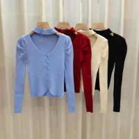 Long Sleeve Knit Cardigan V Neck TShirt Button Down Cardigans For Women Halter Neck Long Sleeve Crop Top Knit Crop Top Dropship