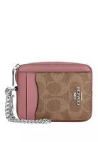 COACH Zip Card Case In Signature Canvas - Tan/Dusty Pink