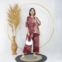 Setelan Cika Jumbo Dewi Sri Atasan Kancing Wanita Batik Katun Rayon Dewasa Celana Kulot Panjang Bali