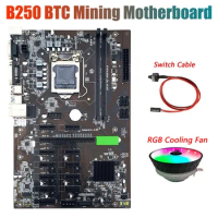 B250 BTC Miner Motherboard With RGB CPU Cooling Fan+Switch Cable 12Xgraphics Card Slot LGA 1151 DDR4 SATA3.0 For BTC