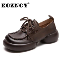 Koznoy 4cm Vintage Natural Cow Genuine Leather Breathable Walking Native Flats Shoes Ethnic Round Toe Work Comfy Slipper Women