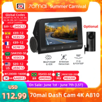 70mai 4K Dash Cam A810 Motion Detection Car DVR Set-in GPS ADAS STARVIS2 HDR Dual Channel Vision 24 Hours Parking Record 150°FOV