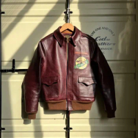 Tailor Brando No. 23373 Italy Burgundy Uncoated Batik Cowhide A2 Aviator Jacket 60% Wool Threaded Hem Genuine Leather Jacket