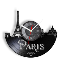 Paris Vintage Wall Clock สำหรับห้องนั่งเล่น French Home Decor R Vinyl Record Wall Watch France Landmark Building Silent Clock