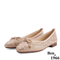 Ben&amp;1966高級燙鑽絨布珍珠娃娃鞋-珊瑚粉(218172)
