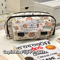 Portable Cute Capybara Flip Pencil Cases Fashion Cartoon Pencil Pouch Kawaii Stationery Storage Bag Cosmetic Bags Coin Purse